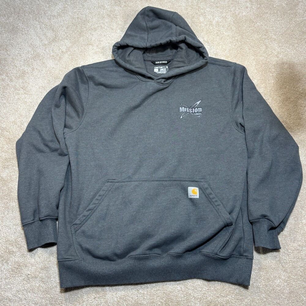 Carhartt Hoodie Mens L Gray Logo Workwear Pullover Rain Defender Sweatshirt